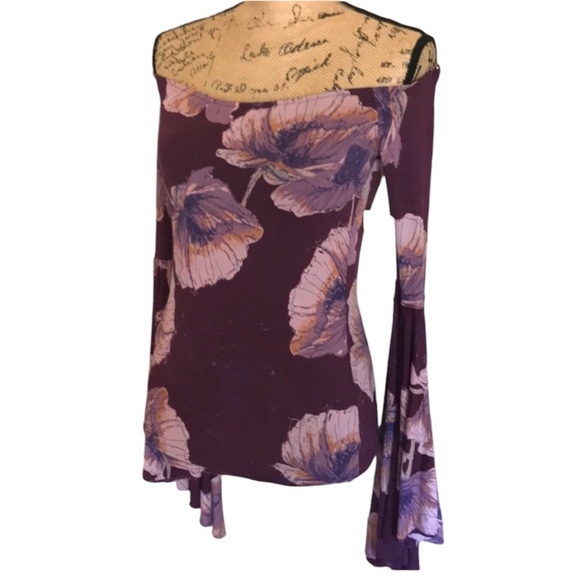 FREE PEOPLE Off the Shoulder Boho Burgundy/Pink Floral Top Flounce Sleeve Small… - Picture 5 of 10